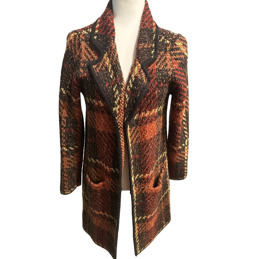 Soft Surroundings XS Plaid Cardigan Sweater Coat Longline Fall Equestrian Preppy